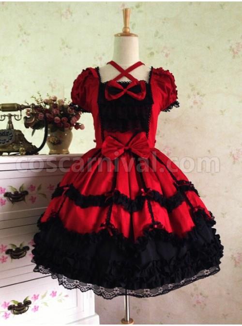Sweet Short Sleeves Red And Black Lace Cotton Lolita Dress coscarnival