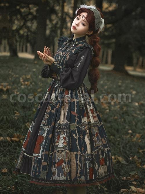 Tarot Series Retro Palace Style Elegant Cla System Gothic Lolita Tarot Printed Sleeveless Dress Embroidery Lantern Sleeve Long-Sleeved Shirt Suit