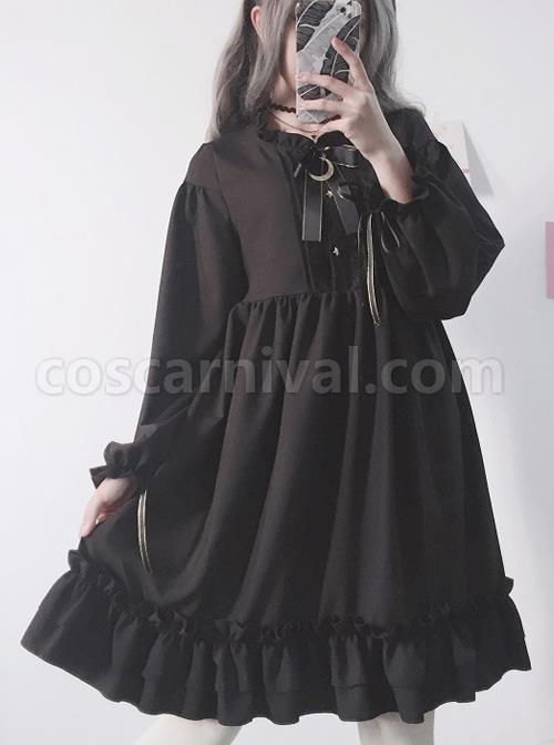 The Castle Under The Moonlight Pure Black Gothic Lolita Long Sleeve Dress coscarnival