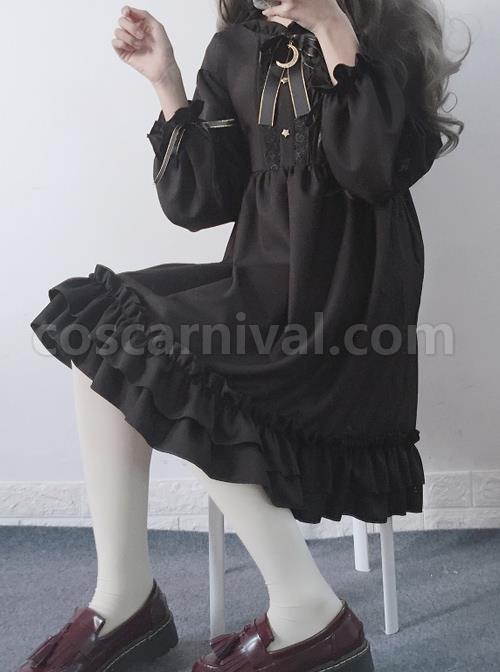 The Castle Under The Moonlight Pure Black Gothic Lolita Long Sleeve Dress