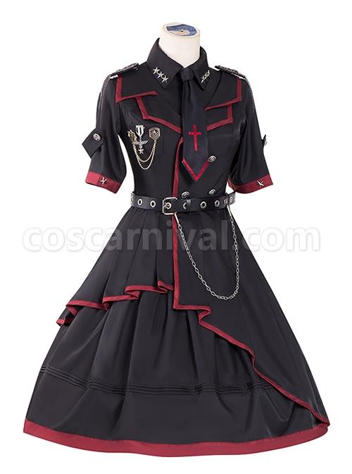 The Loser Of The Army Eats Dust Series OP Military Style Gothic Lolita Metal Belt Decoration Short Sleeve Dress Set coscarnival