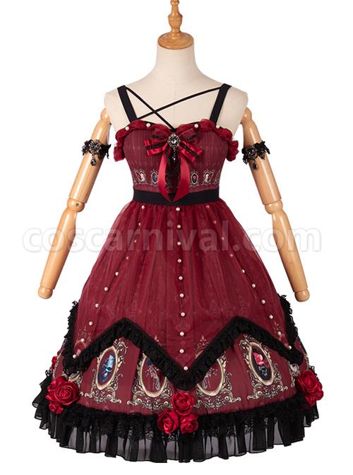 The Split Love Series Rose Gothic Lolita Red Sling Dress coscarnival