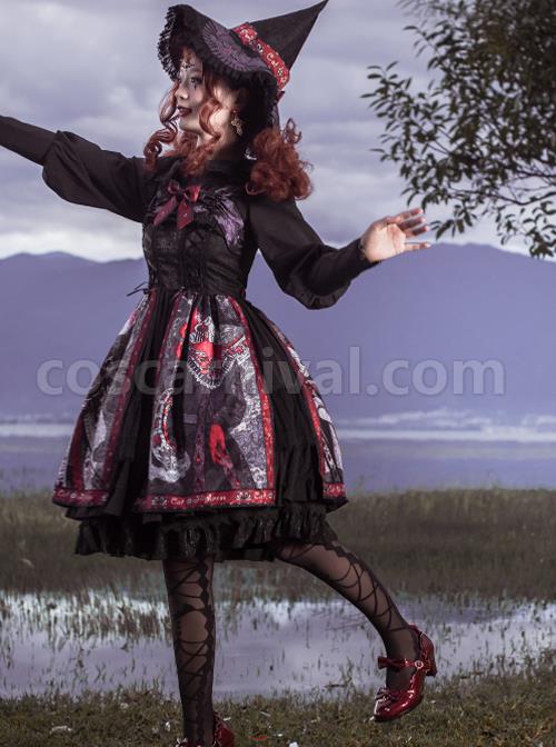 The Witch Image Series Double Layer JSK Small High Waist Full Placket Medium Length Halloween Gothic Lolita Sling Dress coscarnival