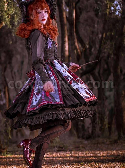 The Witch Image Series Double Layer JSK Small High Waist Full Placket Medium Length Halloween Gothic Lolita Sling Dress