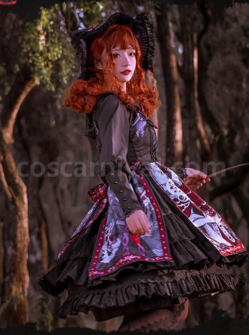 The Witch Image Series Double Layer JSK Small High Waist Full Placket Medium Length Halloween Gothic Lolita Sling Dress