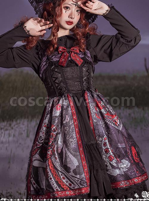 The Witch Image Series Double Layer JSK Small High Waist Full Placket Medium Length Halloween Gothic Lolita Sling Dress