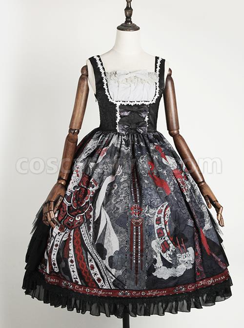 The Witch Image Series JSK Darkness Style Printing Small High Waist Side Placket Halloween Gothic Lolita Sling Dress coscarnival