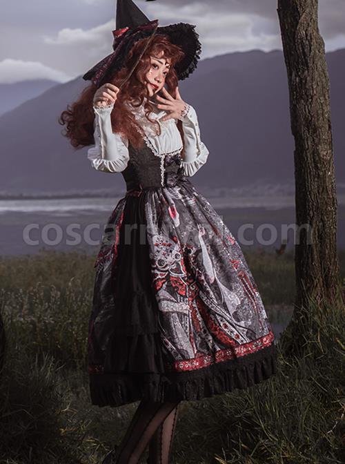The Witch Image Series JSK Darkness Style Printing Small High Waist Side Placket Halloween Gothic Lolita Sling Dress coscarnival