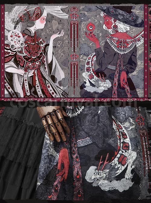 The Witch Image Series JSK Darkness Style Printing Small High Waist Side Placket Halloween Gothic Lolita Sling Dress
