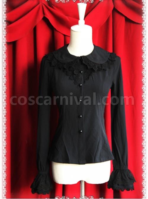 Thickened Chiffon Black Lace Long Sleeve Lolita Shirt coscarnival