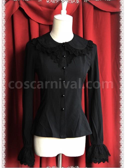 Thickened Chiffon Black Lace Long Sleeve Lolita Shirt coscarnival