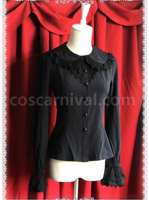 厚手シフォン・黒レース長袖ロリータシャツ