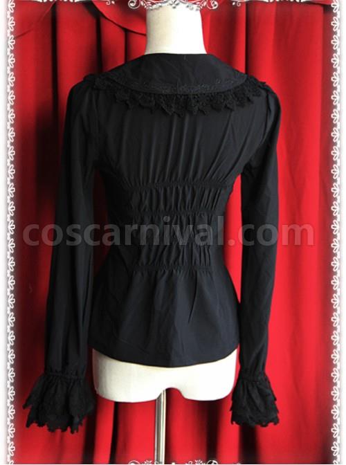 厚手シフォン・黒レース長袖ロリータシャツ