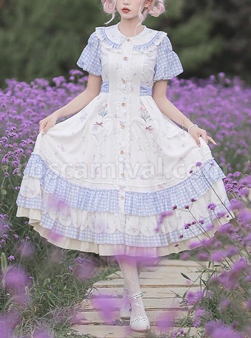 Tulip-Bouquet-Series-Pastoral-Style-Doll-Collar-Lace-Floral-Plaid-Lantern-Sleeve-Classic-Lolita-Short-Sleeved-Dress-coscarnival-1944