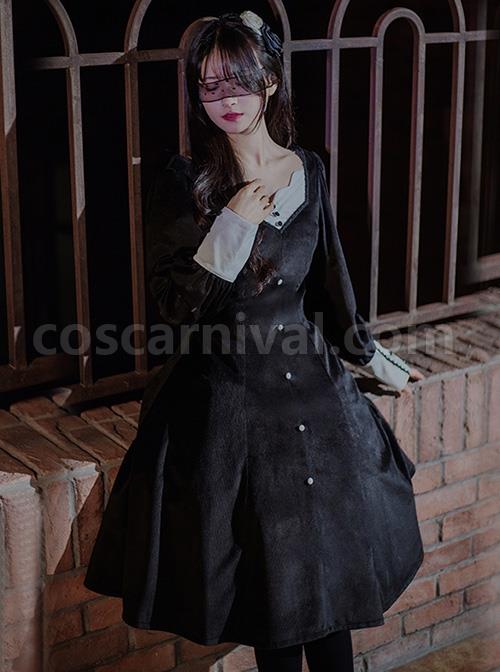 Twilight Prayer Series Nun Style False Collar Detachable Early Spring Retro Lantern Sleeve Gothic Lolita Long Sleeve Dress