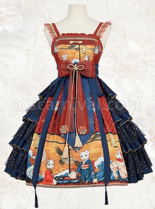Ukiyo-Series-JSK-Japanese-Style-Fine-Print-Blue-Three-Layer-Hem-Bow-Knot-Girdle-Decoration-Sleeveless-Dress-Set-coscarnival-1931
