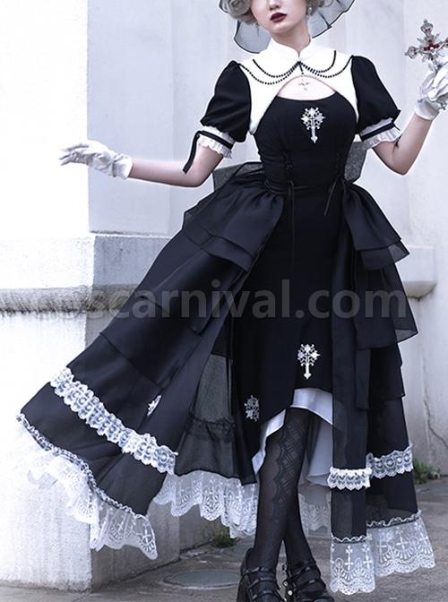 Undead Prayer Series Nun Style Black-White Cross Embroidered Fishtail Skirt Lace Cover Skirt Gothic Lolita Short-Sleeved Dress coscarnival