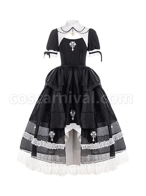 Undead Prayer Series Nun Style Black-White Cross Embroidered Fishtail dress Lace Cover dress Gothic Lolita Short-Sleeved Dress