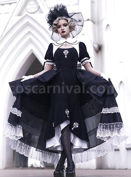 Undead Prayer Series Nun Style Black-White Cross Embroidered Fishtail dress Lace Cover dress Gothic Lolita Short-Sleeved Dress