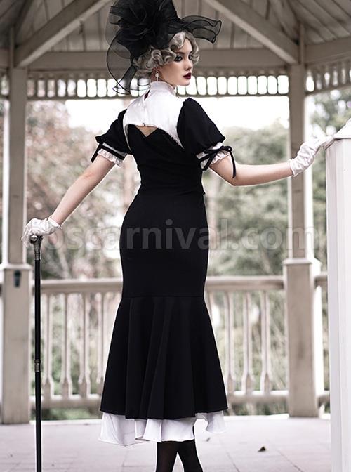 Undead Prayer Series Nun Style Black-White Cross Embroidered Fishtail dress Lace Cover dress Gothic Lolita Short-Sleeved Dress