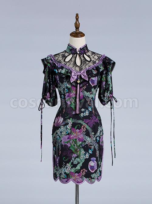 Victoria-Garden-Series-Stand-Collar-Lace-Hollow-Chinese-Style-Modified-Cheongsam-Printed-Tassel-Decorated-Classic-Lolita-Short-Sleeved-Dress-coscarnival-1925