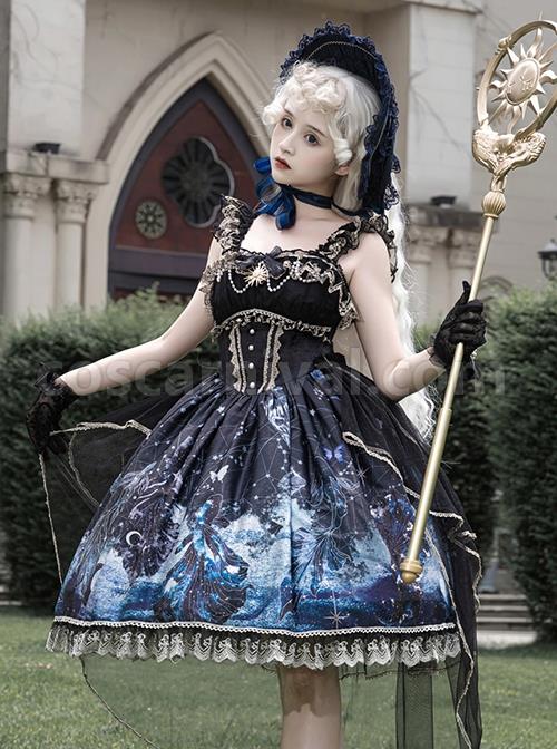 Vintage Gorgeous Fairy Fish Fantasy Print Lace Square Neck Elegant Bead Chain Decorate Gothic Lolita Sleeveless Dress