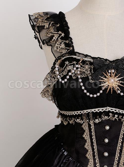 Vintage Gorgeous Fairy Fish Fantasy Print Lace Square Neck Elegant Bead Chain Decorate Gothic Lolita Sleeveless Dress