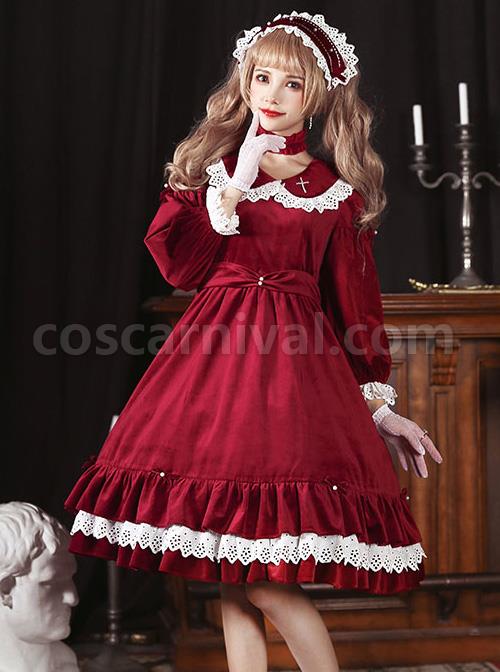 Vintage Velvet Pearl Jacquard Lace Gorgeous Back Slit Bowknot Gothic Lolita Long Sleeve Dress coscarnival