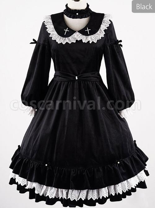 Vintage Velvet Pearl Jacquard Lace Gorgeous Back Slit Bowknot Gothic Lolita Long Sleeve Dress coscarnival