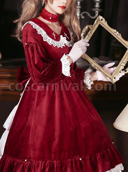 Vintage Velvet Pearl Jacquard Lace Gorgeous Back Slit Bowknot Gothic Lolita Long Sleeve Dress