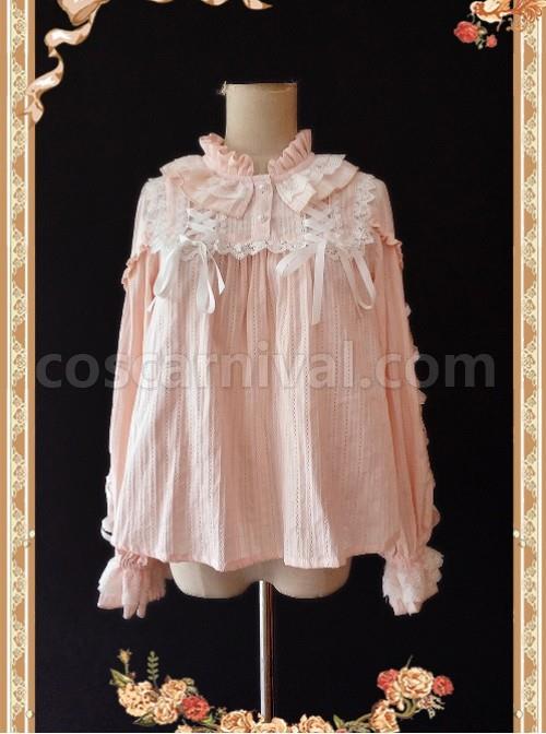 Warm Milk Tea Pure Cotton Pink Lace Puff Sleeve Classic Lolita Shirt coscarnival
