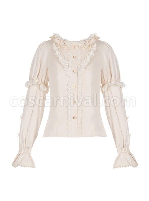 Warm Wind Series Solid Color Retro Elegant All-Match Round Neck Rose Button Puff Sleeve Classic Lolita Long-Sleeved Shirt coscarnival