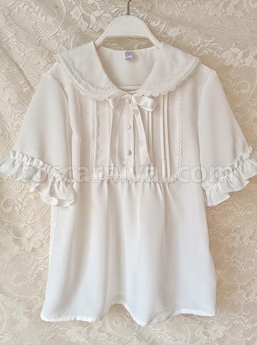 White Chiffon Doll Neckline Pleated Ruffle Detachable Long Sleeves Classic Lolita Shirt coscarnival