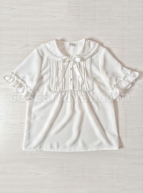 White Chiffon Doll Neckline Pleated Ruffle Detachable Long Sleeves Classic Lolita Shirt coscarnival