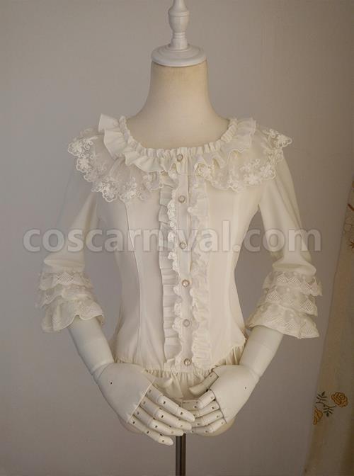 White Chiffon Ruffles Classic Lolita Seven-quarter Sleeve Shirt coscarnival
