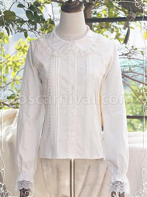 White Cotton Crinkle Lace Cute Doll Neckline Classic Lolita Long Sleeve Shirt coscarnival