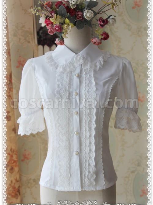 White Elegance Lace Glass Stripes Short Sleeve Lolita Shirt coscarnival