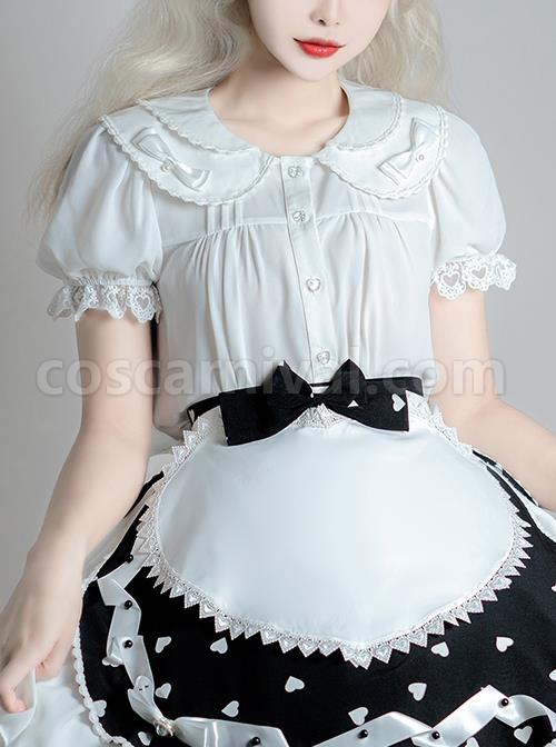 White Everyday Cute Transparent Love Button Puff Sleeve Lace Classic Lolita Short Shirt coscarnival