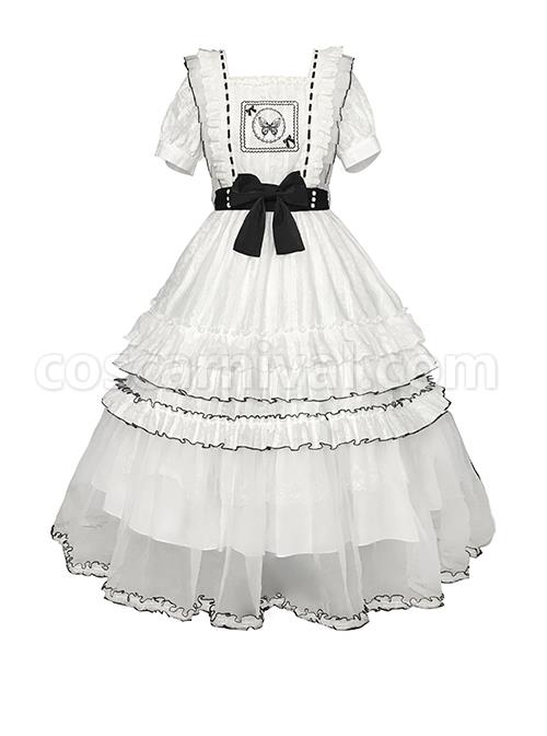 White-Jacquard-Butterfly-Embroidered-Elegant-Square-Neck-Multi-Layer-Lace-Hem-Classic-Lolita-Short-Sleeve-Dress-coscarnival-1890