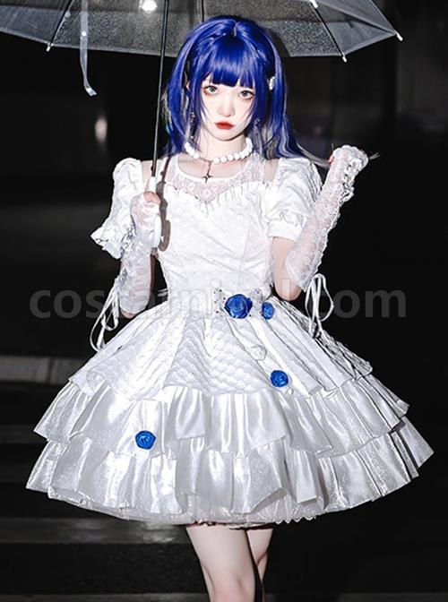 White Jacquard Lace Puff Sleeve Blue Rose Decoration Sexy Gothic Lolita Short Sleeve Dress coscarnival