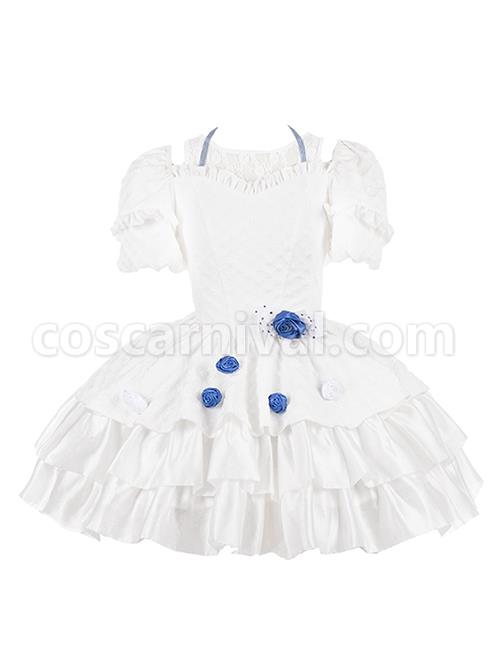 White Jacquard Lace Puff Sleeve Blue Rose Decoration Sexy Gothic Lolita Short Sleeve Dress coscarnival