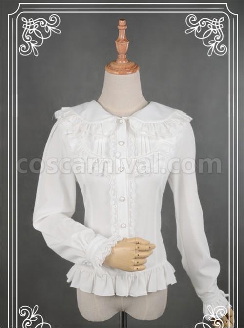 White Lace Lapel Chiffon Long-sleeved Lolita Blouse coscarnival