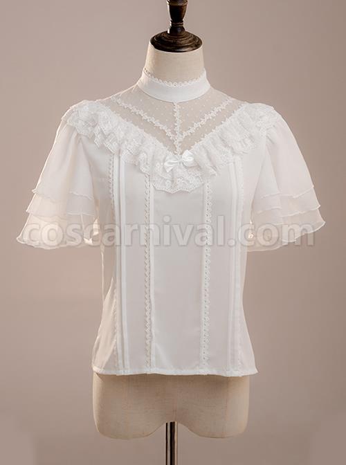 White Layered Pleated Lace Jacquard V Neckline Design Elegantly Ruffled Short Sleeves Bow Knot Classic Lolita Shirt coscarnival