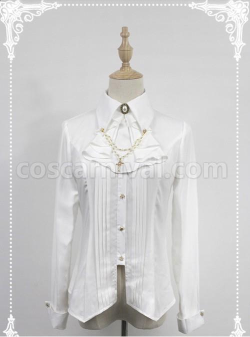 White Long Sleeve Cotton Stand Collar Bead Chain Lolita Blouse coscarnival