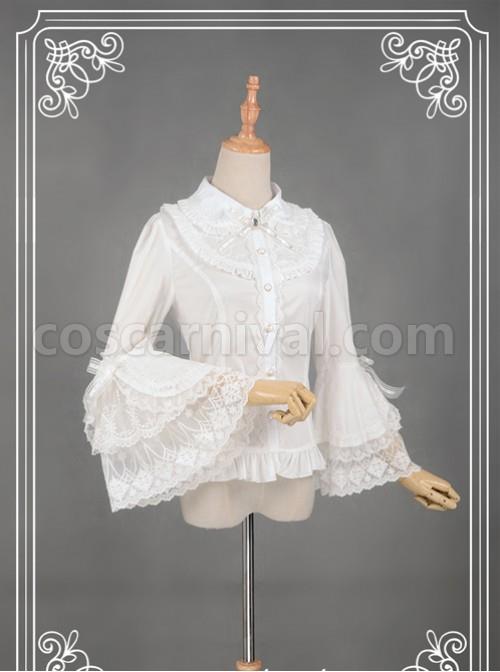 White Retro Mercerized Cotton Lace Flare Sleeve Lolita Blouse coscarnival