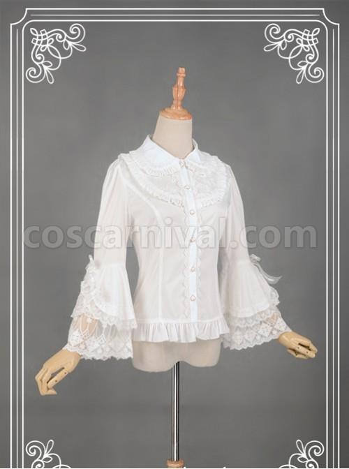 White Retro Mercerized Cotton Lace Flare Sleeve Lolita Blouse coscarnival