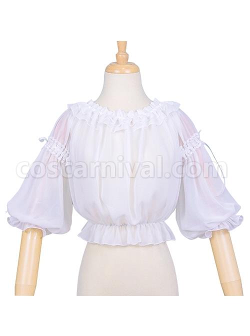 White Ruffled Lace Decoration Semi-Transparent Lantern Sleeve Fungus Edge Sweet Lolita Chiffon Half Sleeve Shirt coscarnival