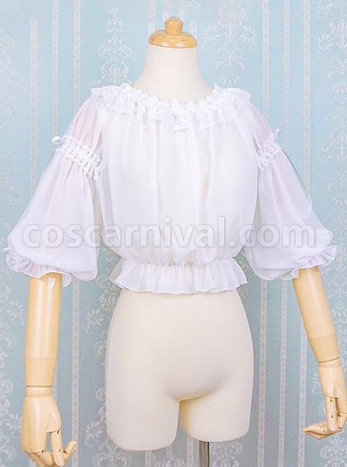 White Ruffled Lace Decoration Semi-Transparent Lantern Sleeve Fungus Edge Sweet Lolita Chiffon Half Sleeve Shirt coscarnival