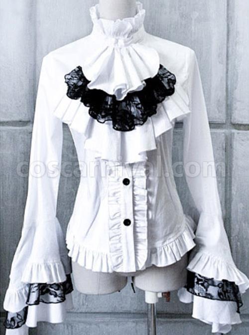 White Trumpet Sleeves Flounced Collar Slim Black Lace Gothic Lolita Shirt coscarnival