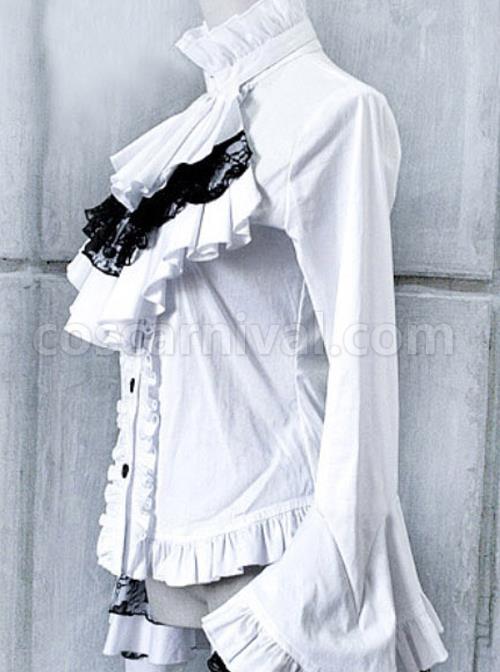 White Trumpet Sleeves Flounced Collar Slim Black Lace Gothic Lolita Shirt coscarnival